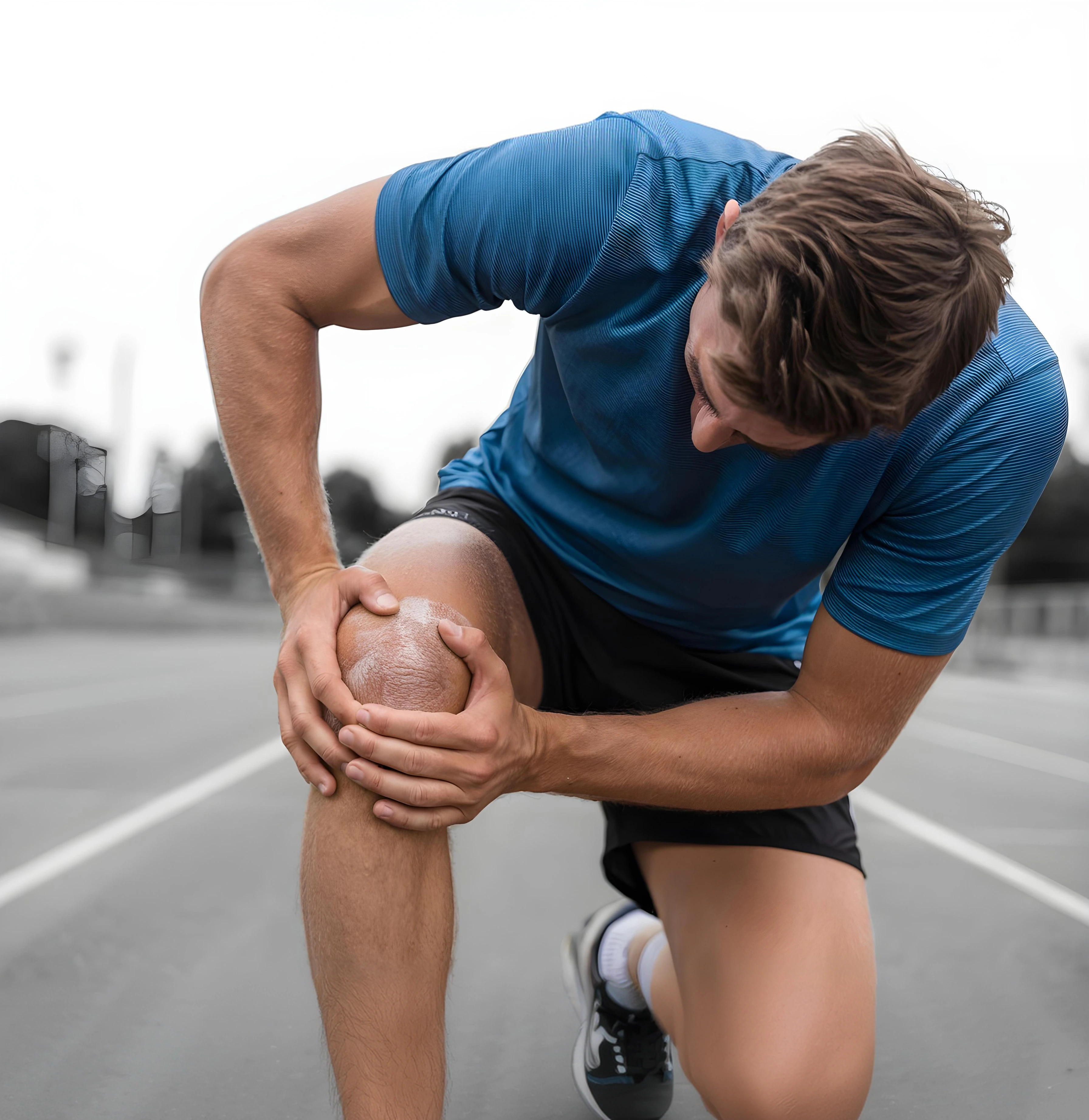 A runner kneeling and holding an injured knee